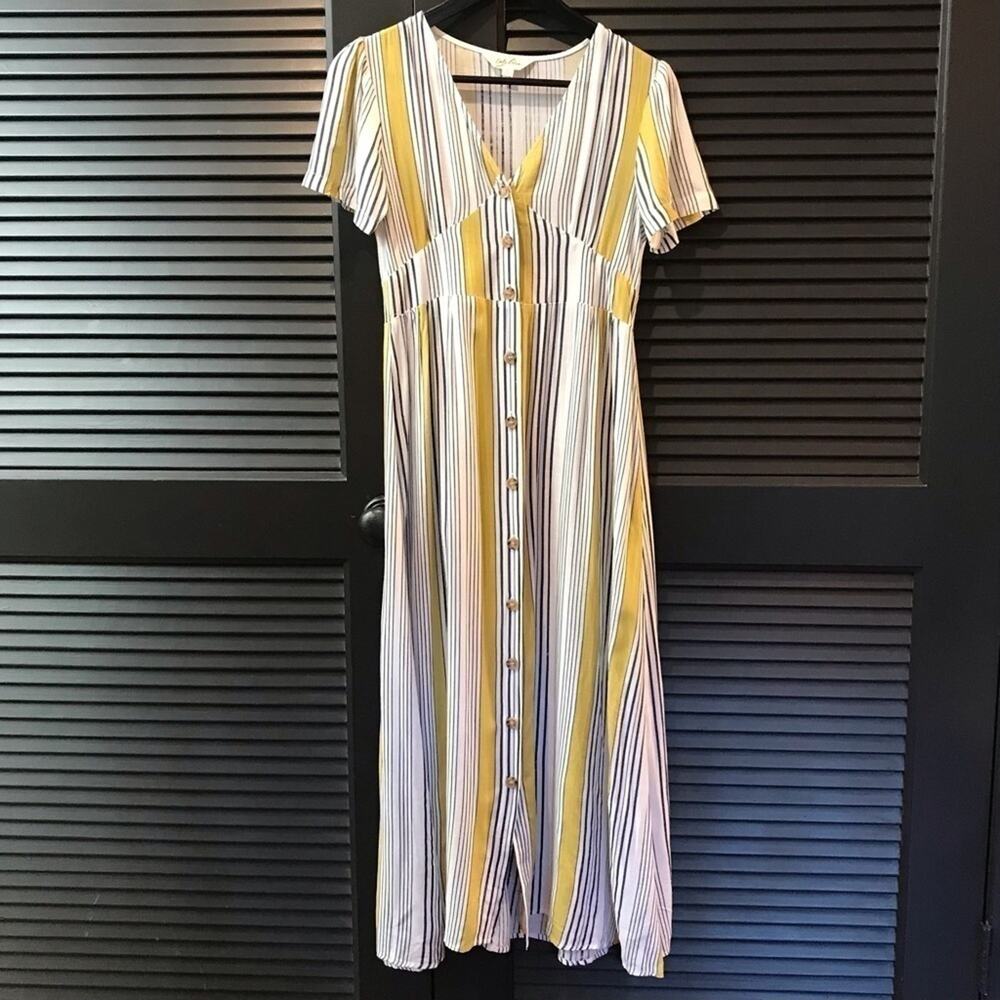 Cali Blue Classic Summer 100% Cotton Dress, White Mustard & Navy Size S/XS